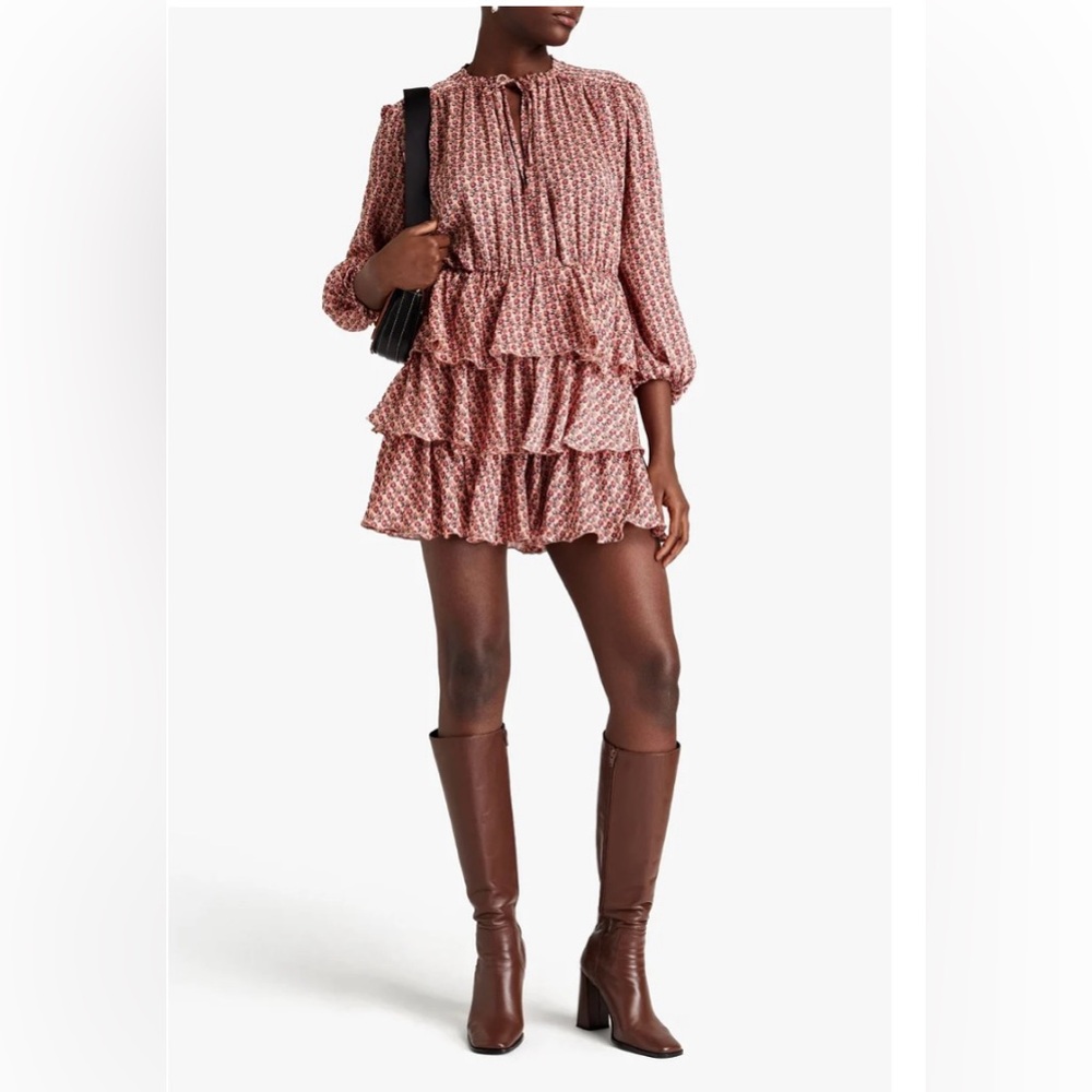 Maje - Tiered Ruffled Floral Crepon Mini Dress - Size 36 FR